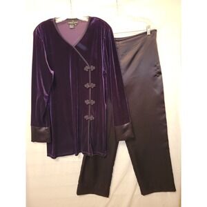 Carole Little Pants Set Size 12 Dark Purple Velvet And Satin Longsleeve C3